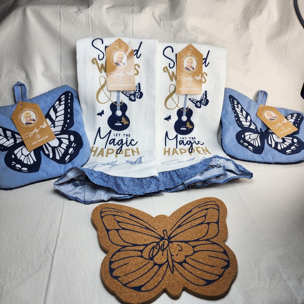 Dolly Parton Kitchen Towels, Pot Holders, Trivet Butterfly Pattern 5 Pieces NEW